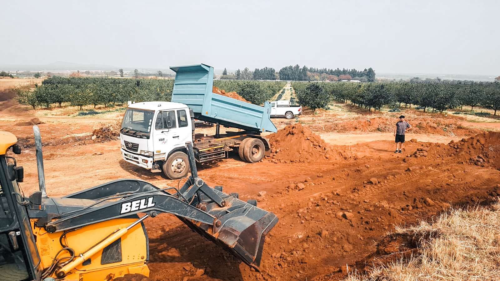 A construction or agricultural scene with person surveying a large dirt excavation area, featuring plant hire equipment including a yellow bell backhoe loader in the foreground, and a white tipper truck dumping soil in a